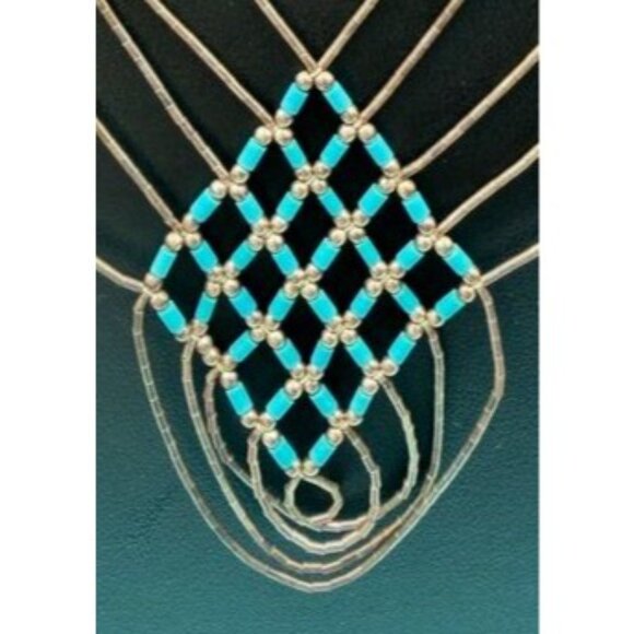 Vintage Southwestern 5 Strand Liquid Sterling Silver Weave with Teal Blue Beads - Picture 2 of 8